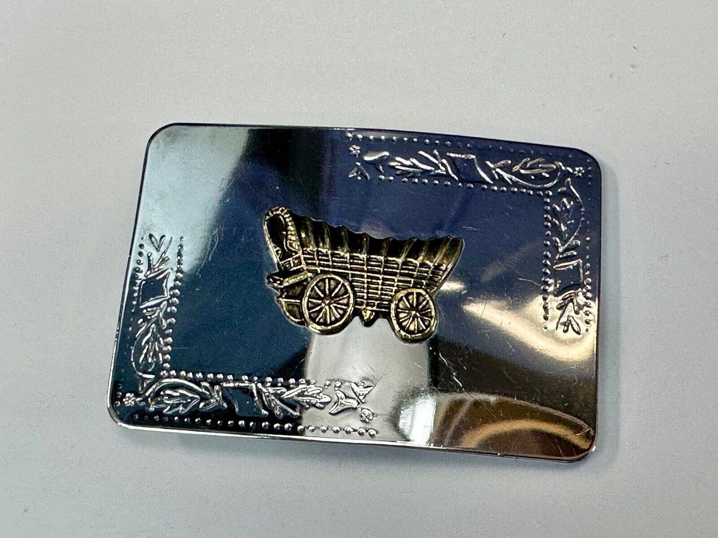 Vintage Covered Wagon two tone reflective rectangular belt buckle