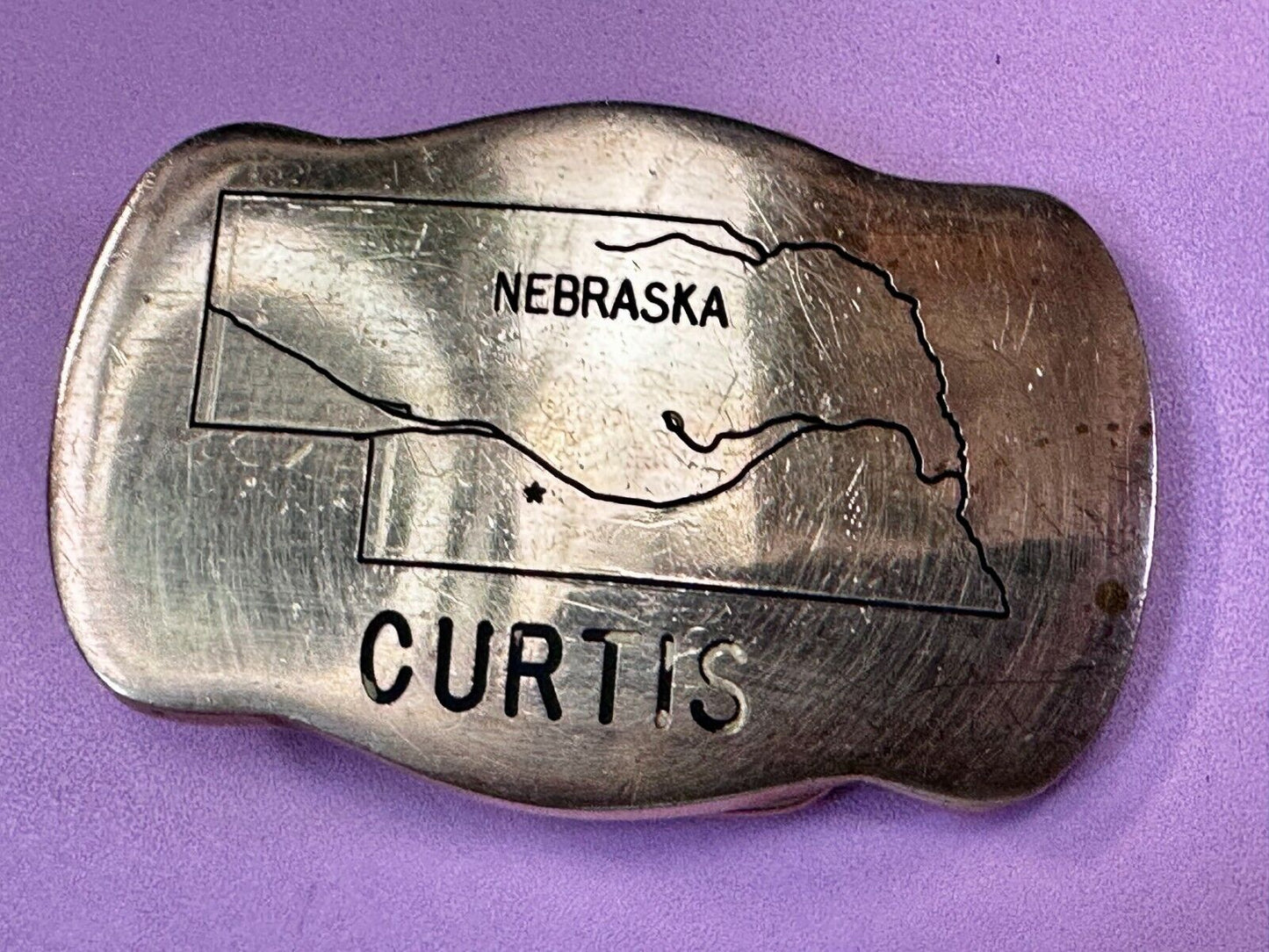 The Great States of NEBRASKA Map City of Curtis Commemorative Brass Belt Buckle