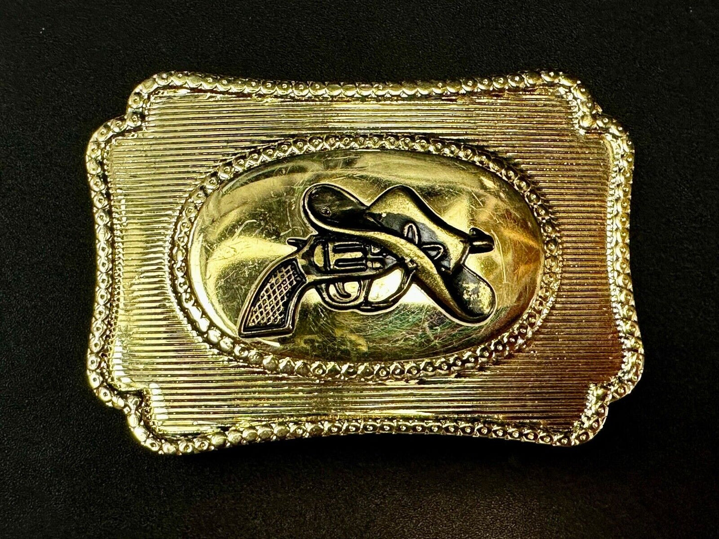 Vintage Cowboy Hat & Revolver Pistol Western Belt Buckle Cap Gun Buckle