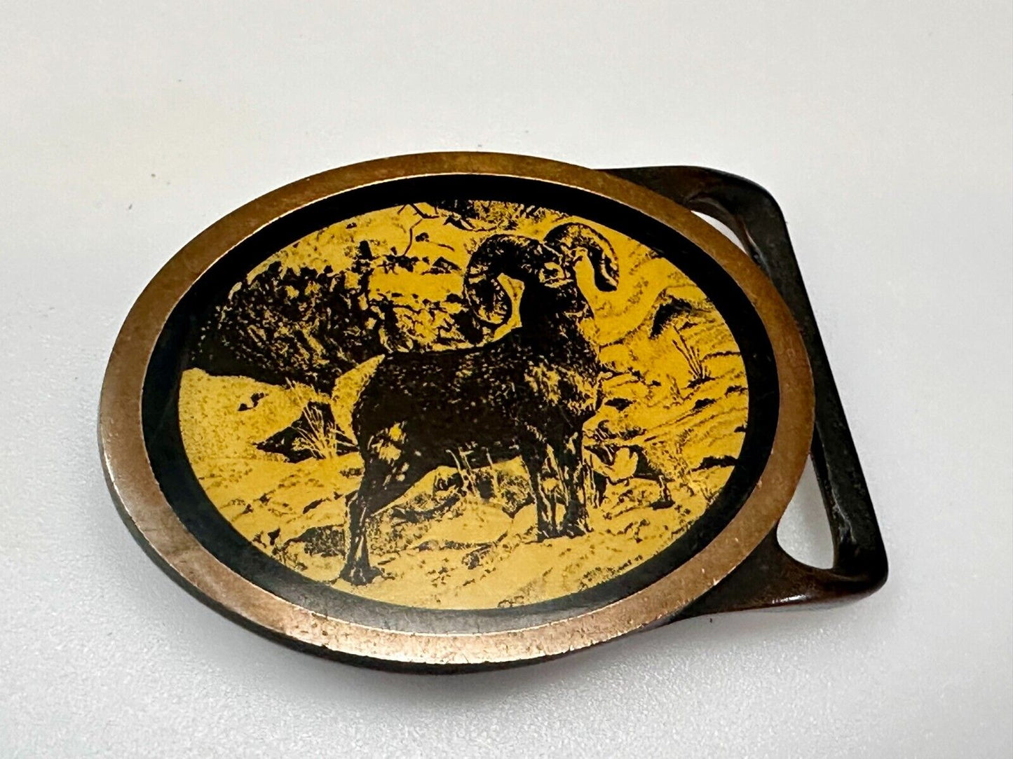 Bighorn Ram Mountain Goat Wildlife Scene Vintage Tech Ether Guild Belt Buckle