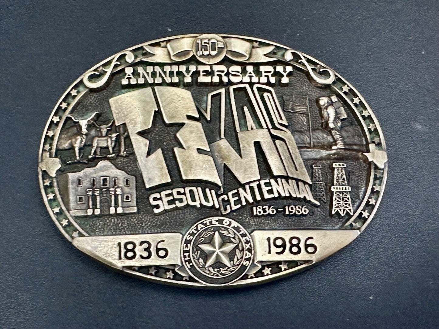 Texas Sesquicentennial 150 year celebration solid brass ADM belt buckle