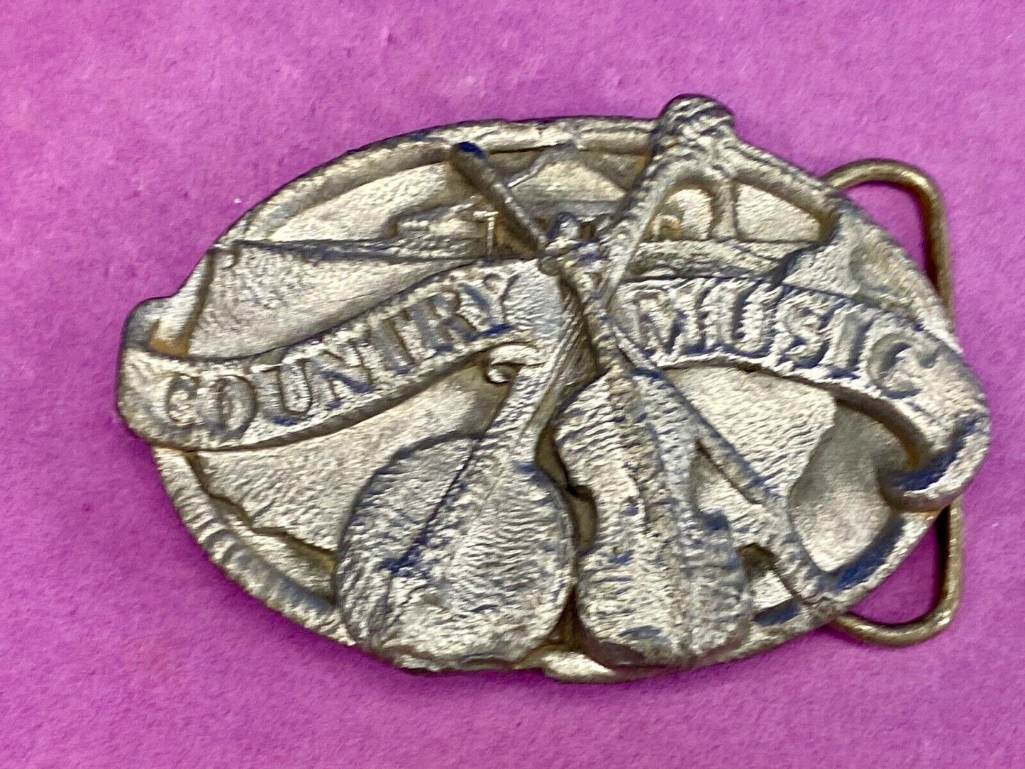 Vintage E-29 Siskiyou 1984 Country Music Belt Buckle Banjo & Fiddle Pewter