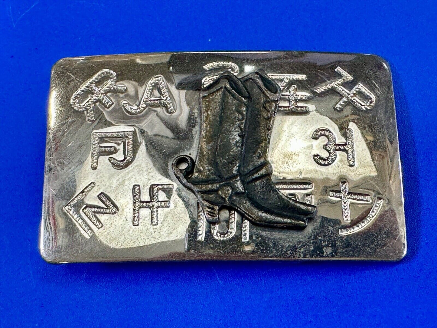 Vintage Chambers Western Cowboy Boots and cattle branding symbols belt buckle
