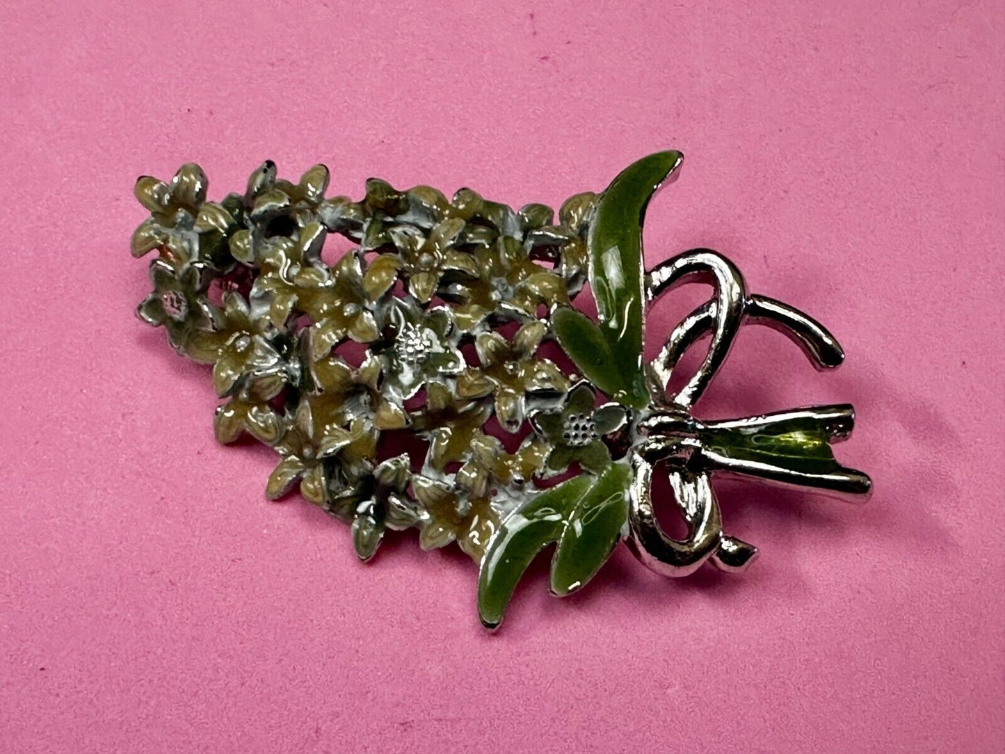 Vintage Enameled Flower Bouquet Silver Tone Vintage Brooch Pin