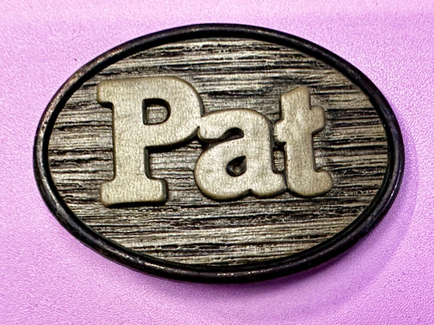 1970s PAT Name - Custom Wood Grain Metal Oden USA Personalized Belt Buckle