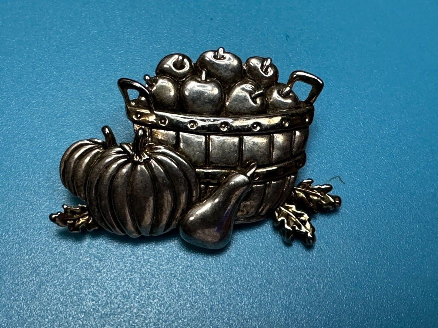 Apple Basket Pumpkin Fall Harvest Autumn Vintage Brooch Pin Signed by MJ