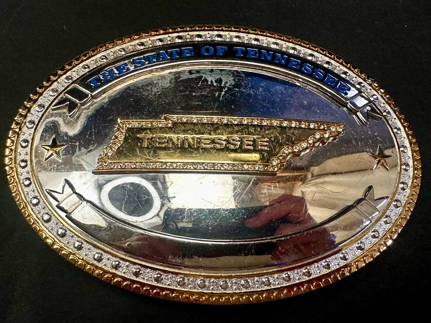 The State of Tennessee with Rhinestone Accents Two Tone Large Belt Buckle by ATI
