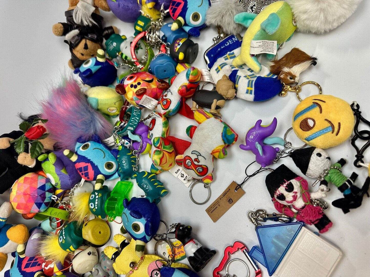 Around 75 plush doll Keychains Resale Bulk Lot, Junk Drawer Grab Bag