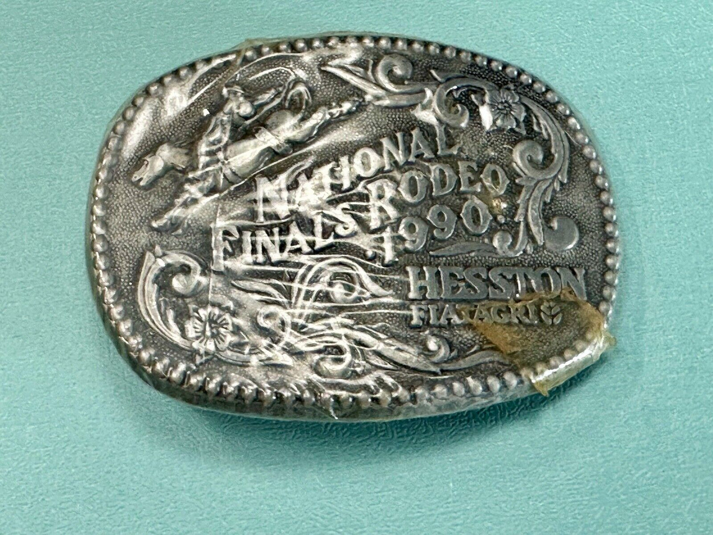 1990 Youth Size Hesston National Finals Rodeo Bull Riding Cowboys belt buckle