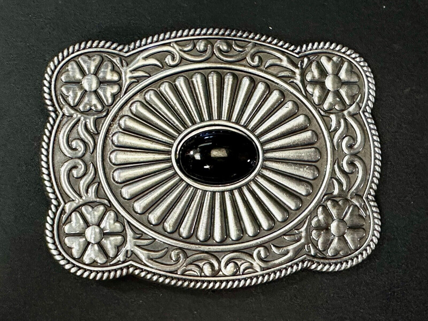 Black Faux Stone Cabochon Centerpiece in Western Framed Belt Buckle