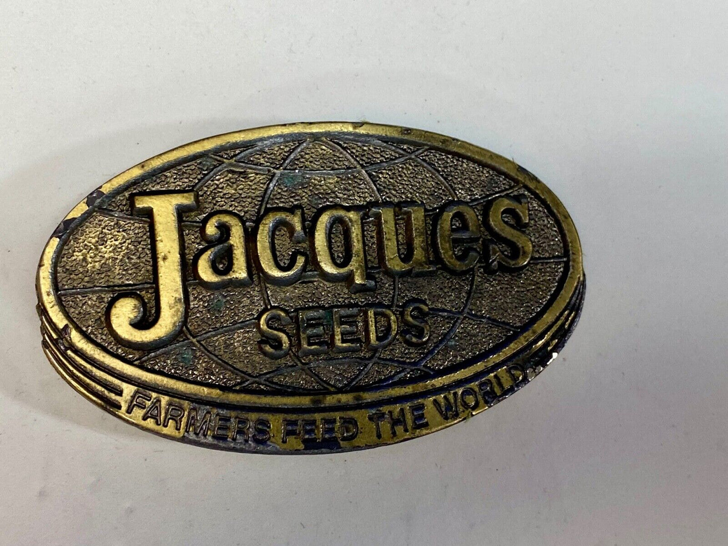 Vintage 1977 Jacques Seeds Farmers Feed The World Brass Tone Belt Buckle