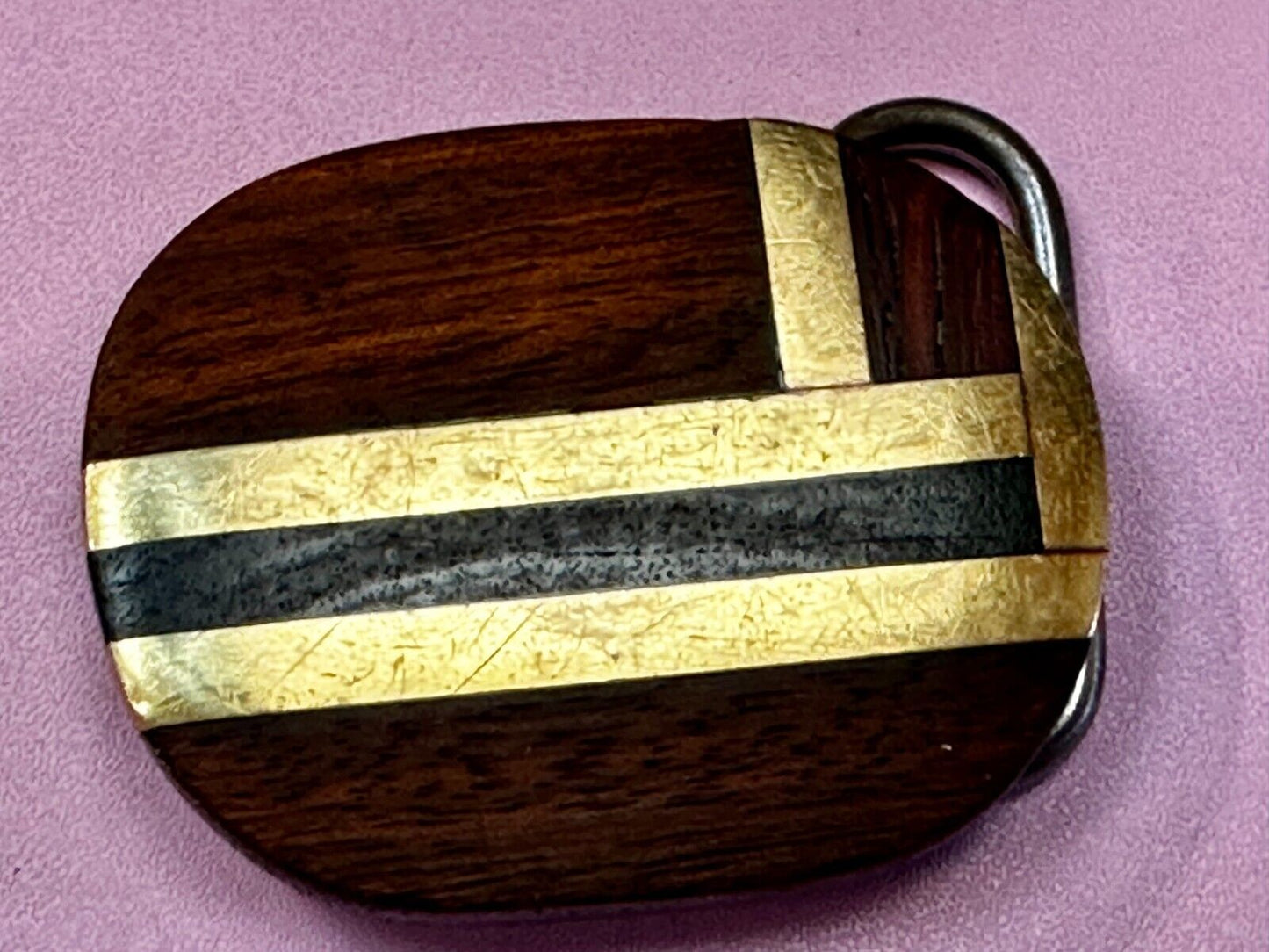 Vintage Artisan Inlay Mixed Wood And Solid Brass Small Belt Buckle