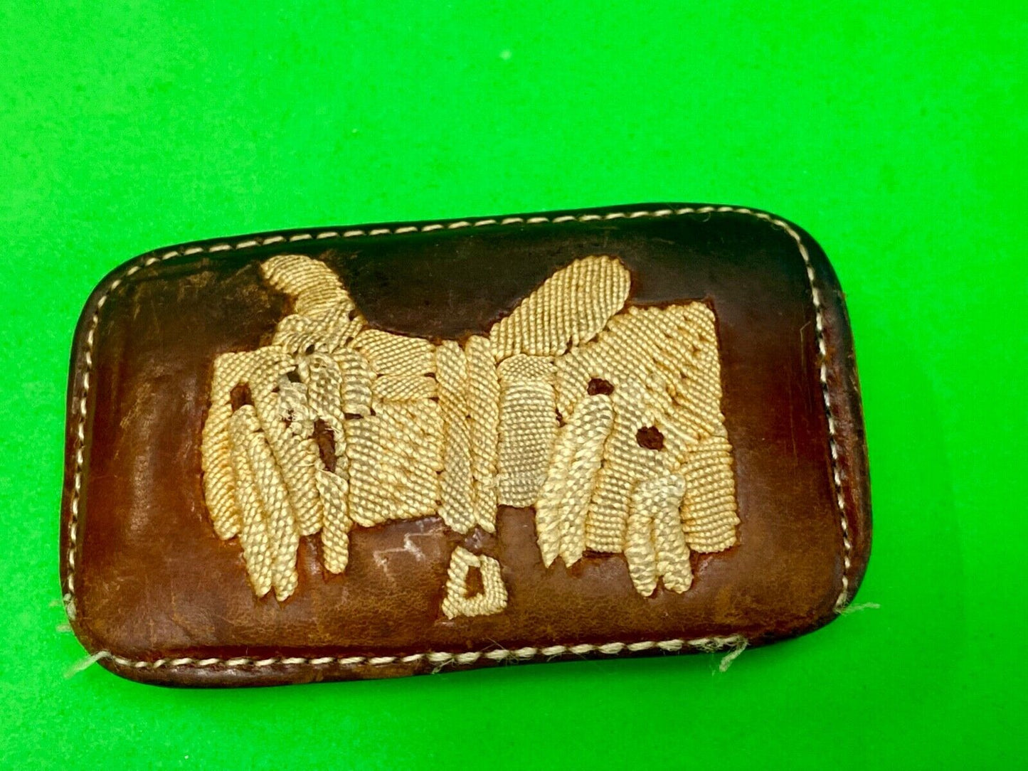 Vintage leather stitched horse saddler belt buckle signed Tres Ranchitas