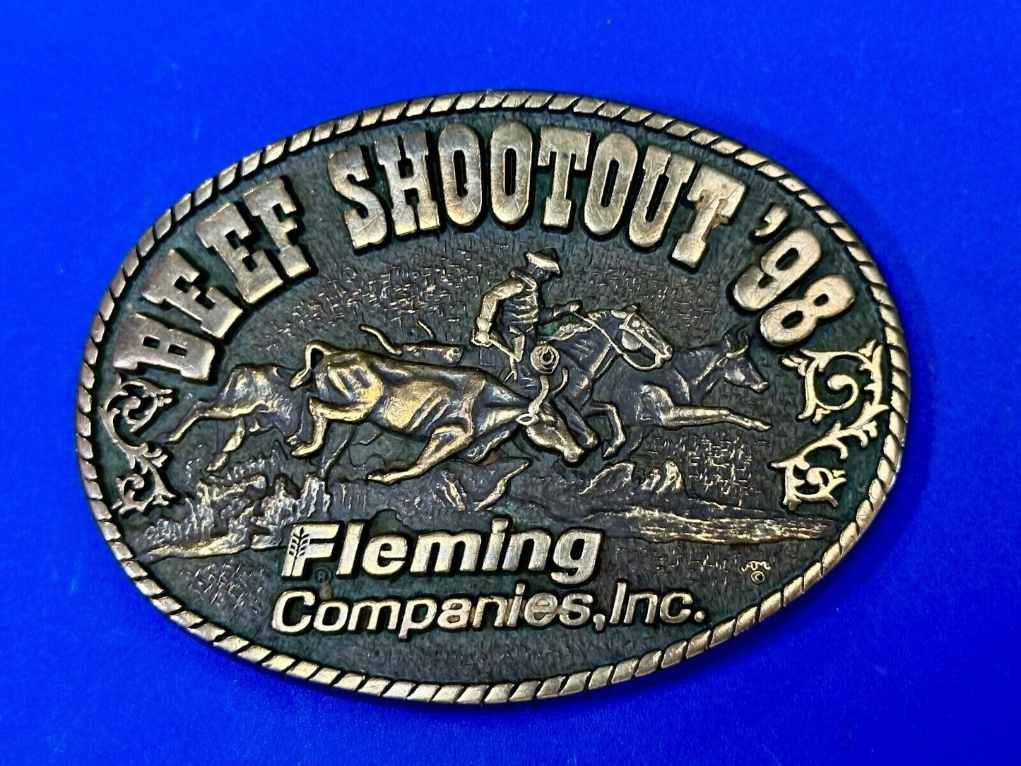 Beef Shootout 1998 Fleming Companies Inc Rodeo vintage ADM belt buckle