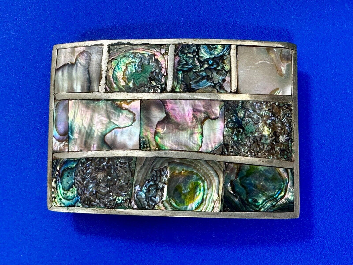Vintage Abalone Shel Inlaid Silver Tone Large Rectangular Belt Buckle