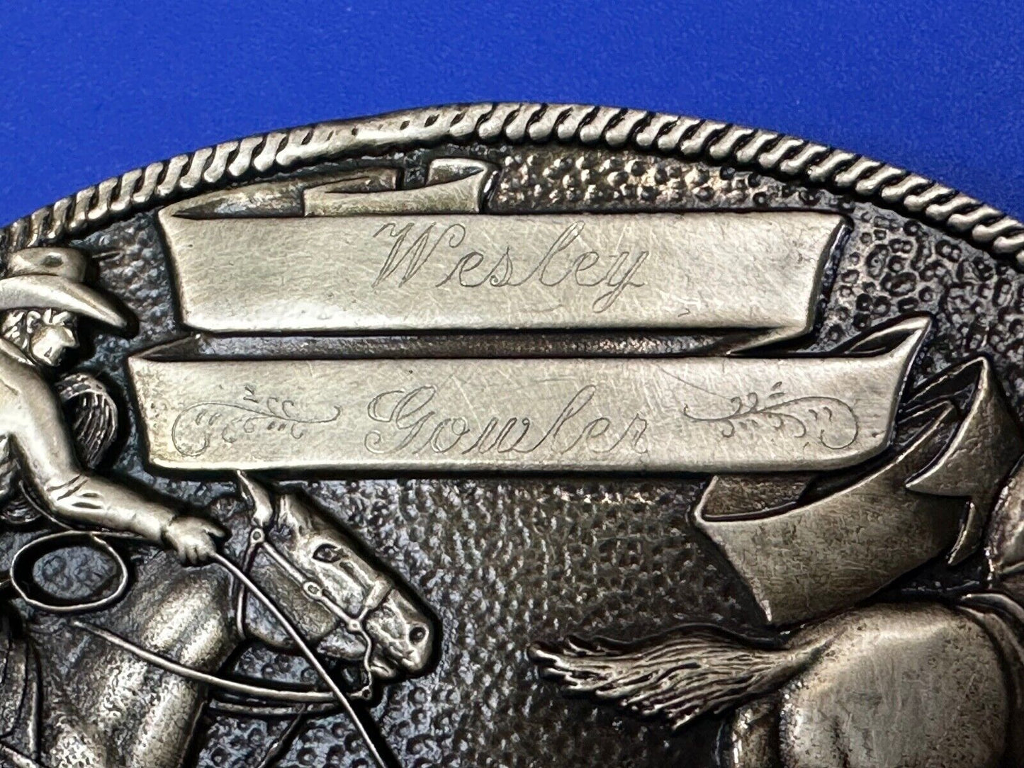 The Cattle Drive Western Rodeo Cowboys engraved award ribbon scroll belt buckle