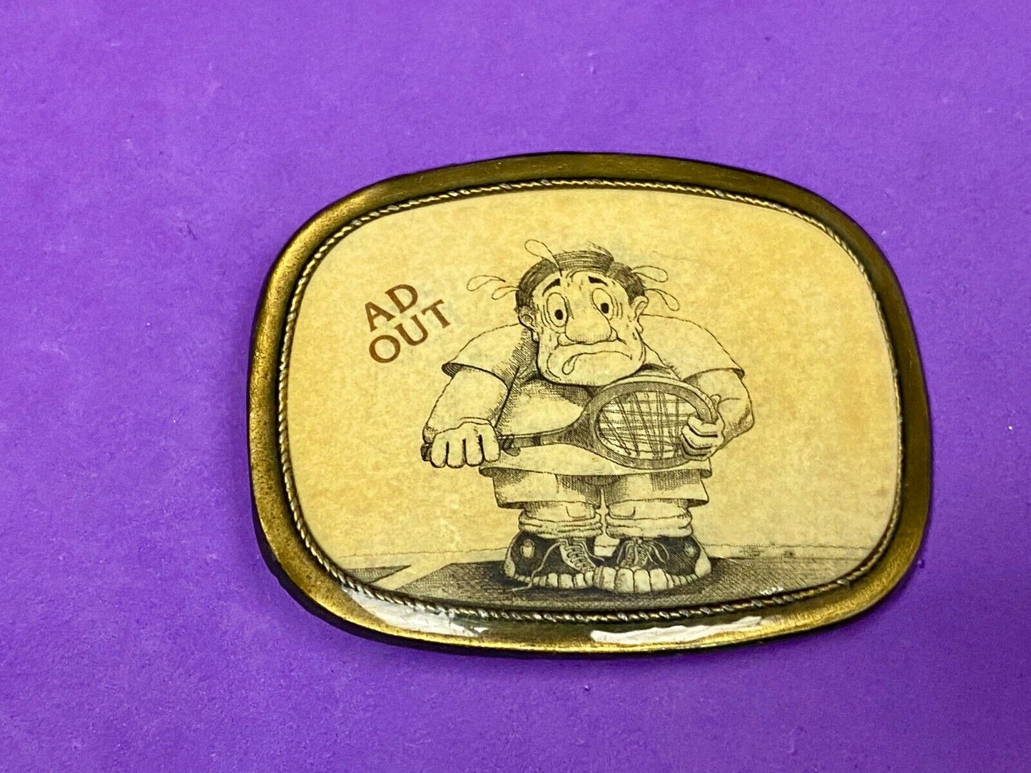 Tennis Game Novelty 70'S Cartoon Figure "Ad Out" Rounded Corner Belt Buckle