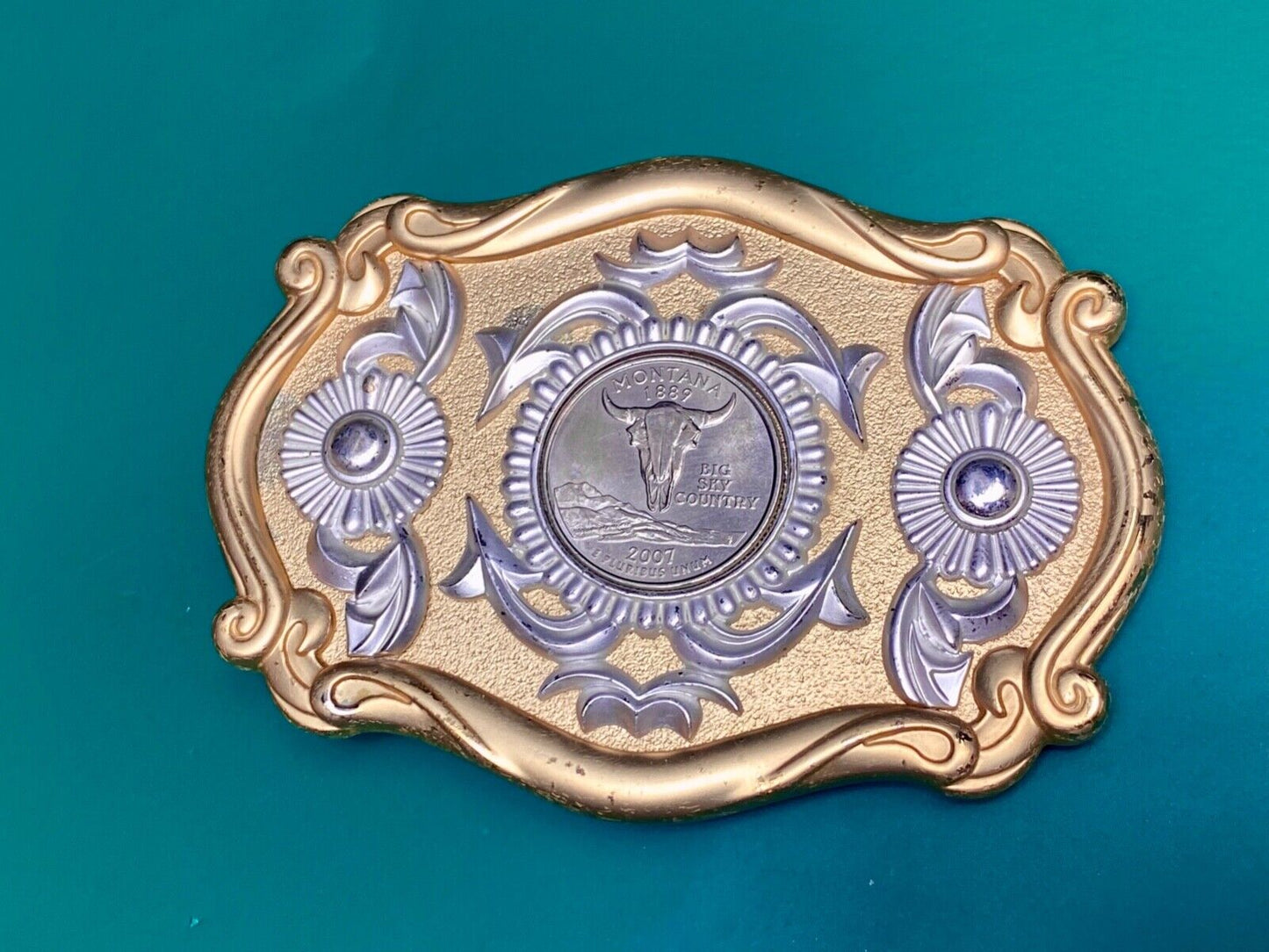 2007 Montana Big Sky Country Coin centerpiece in ornate two-tone belt buckle