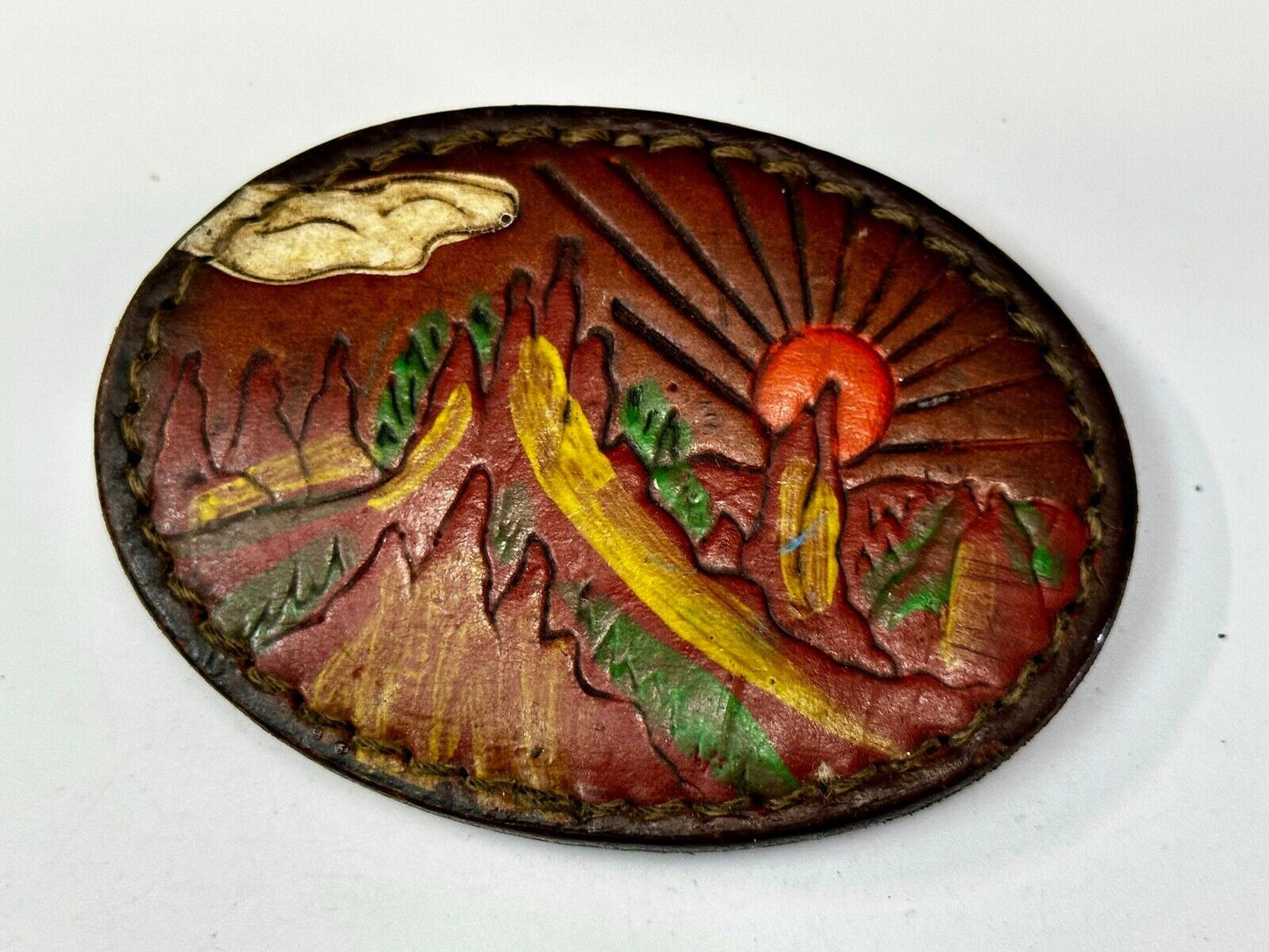 Beautiful Nature Scenery on Vintage Brown Leather Oval Belt Buckle