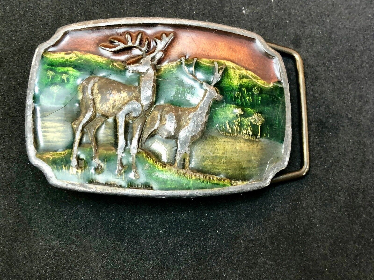 Vintage A16 Belt Buckle by Koleaco, two deer in nature scene, mountains