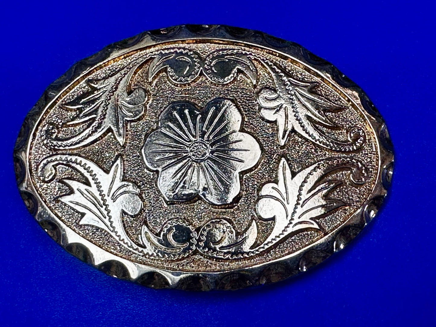 Vintage Etched Flower Floral Theme Western Oval Gold Tone Belt Buckle