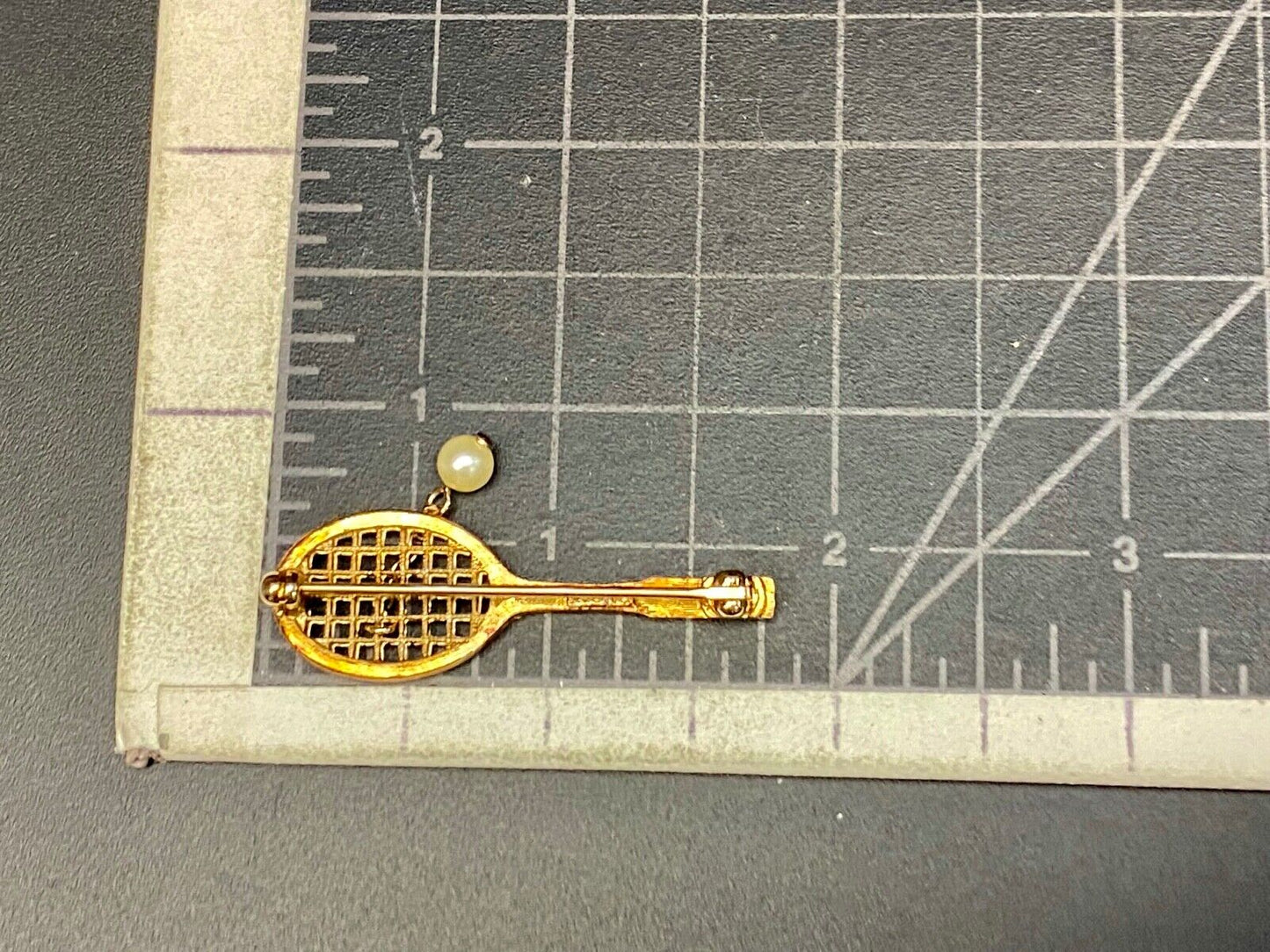 Vintage Avon Jewelry Goldtone Tennis Racquet Brooch Faux Pearl Ball, 1 3/4" long