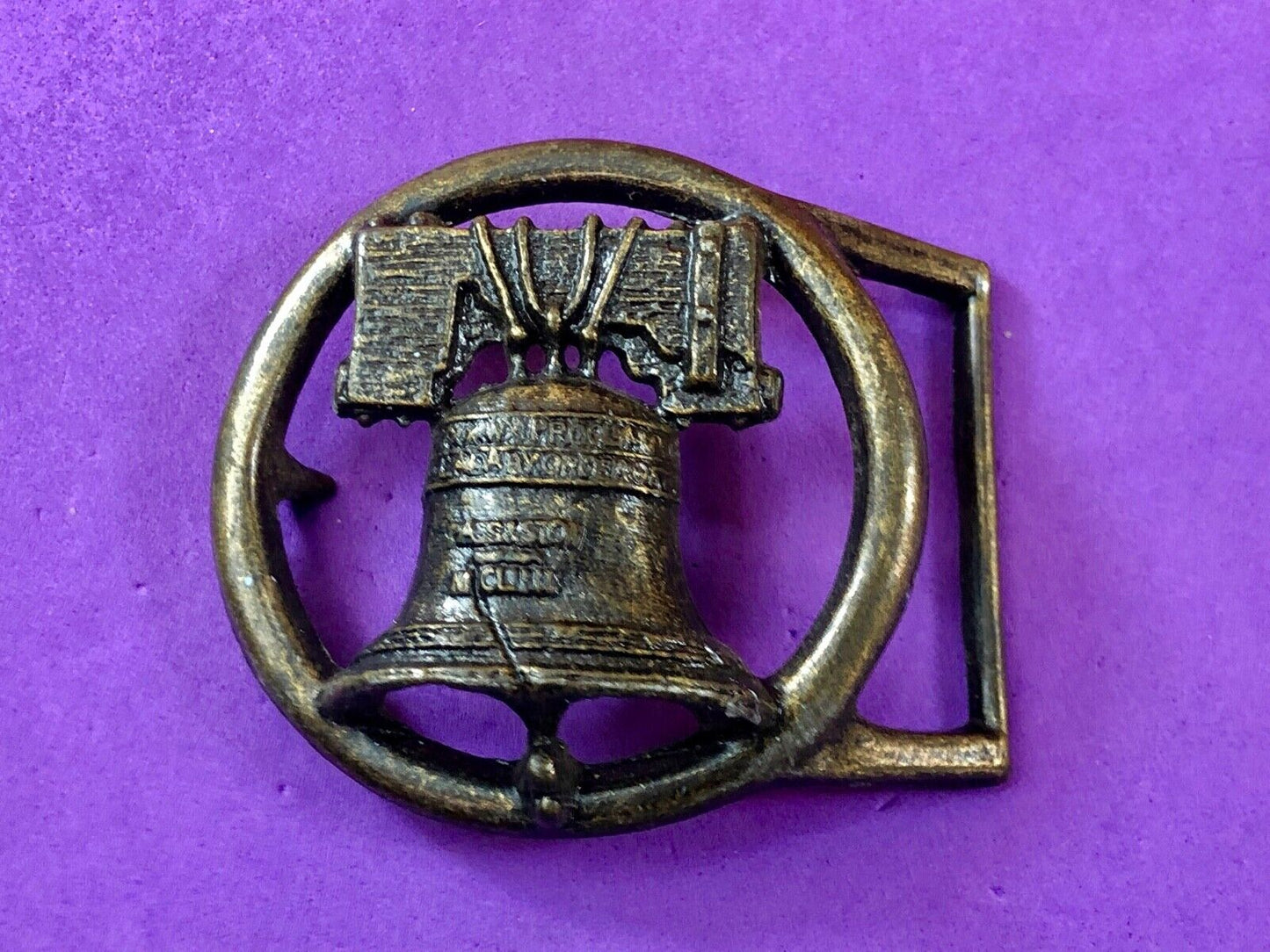 Vintage Figural Cut out Round Skeleton Liberty Bell Belt Buckle