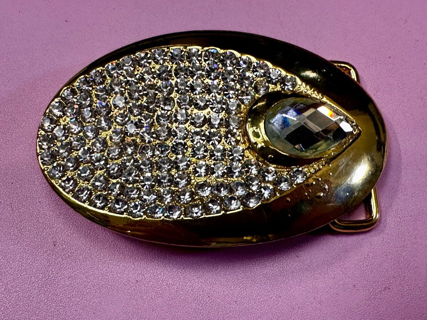 Beautiful Stylish Clear Rhinestone Covered Gold Tone Designer Oval Belt Buckle