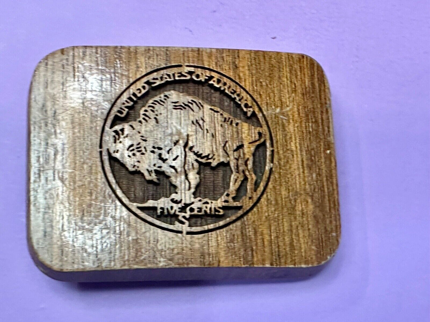 Vintage Buffalo Nickel Five Cents Wood Laser Engraved Lazercraft Belt Buckle USA