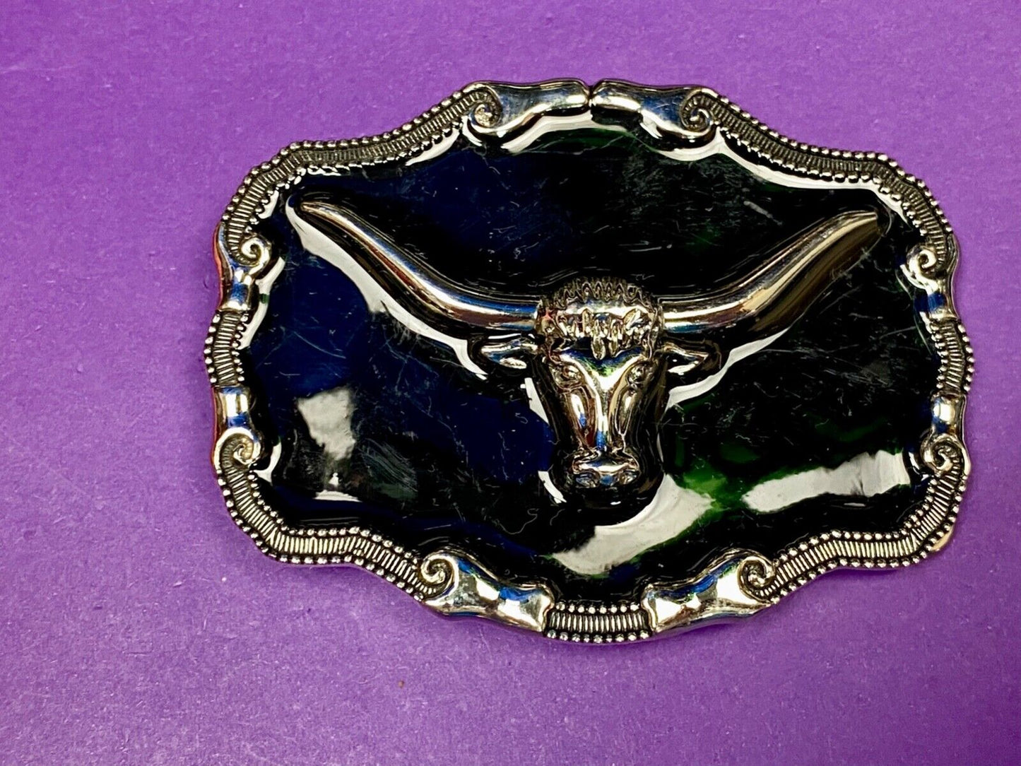Black And Silver Color Texas Longhorn Bull Steer Western Framed Belt Buckle