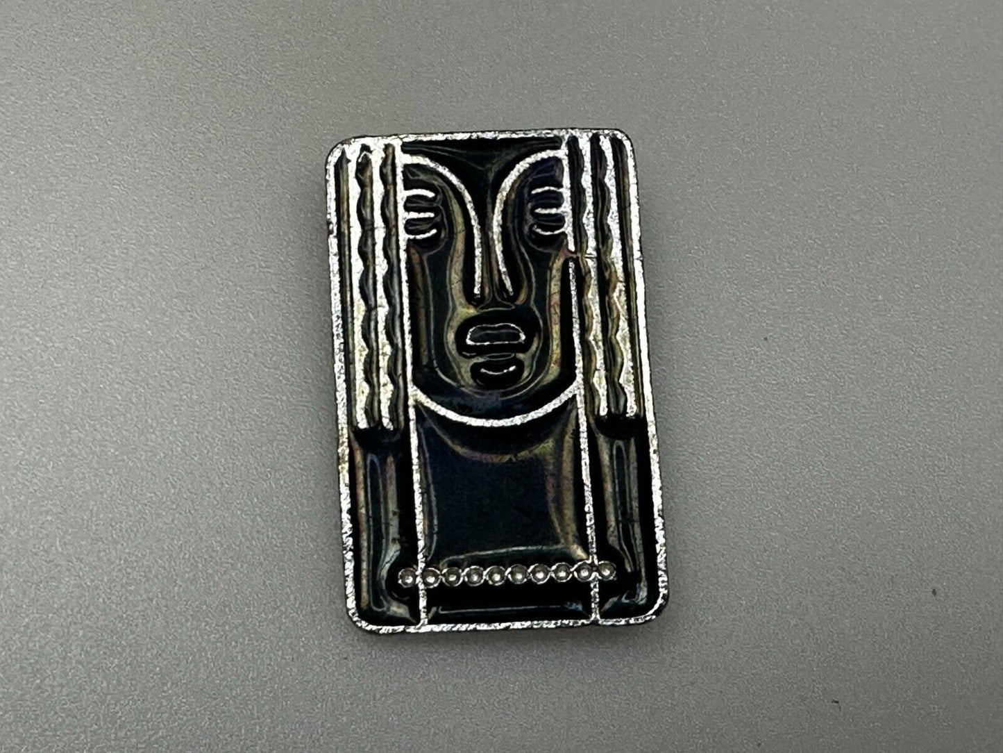 Art Deco Revival Brooch Pendant Pin Signed Ritz - Black Enamel Pewter Face