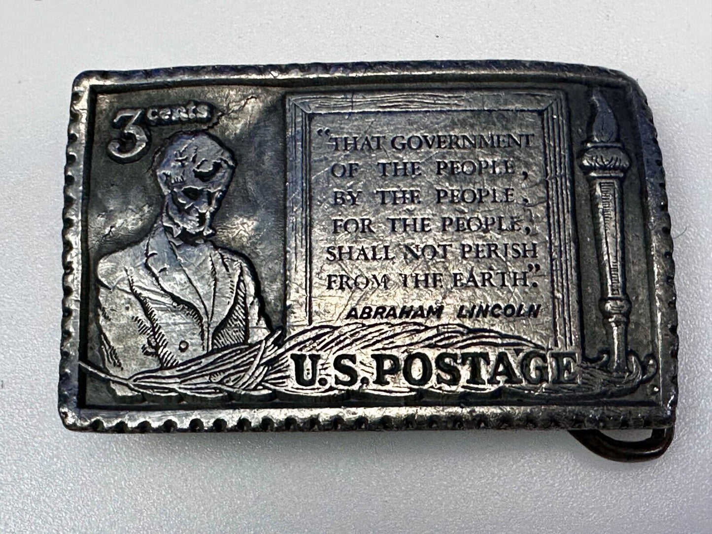 3 Cent Honest Abe Lincoln Stamp Collectors USA Patriotic Pewter Belt Buckle