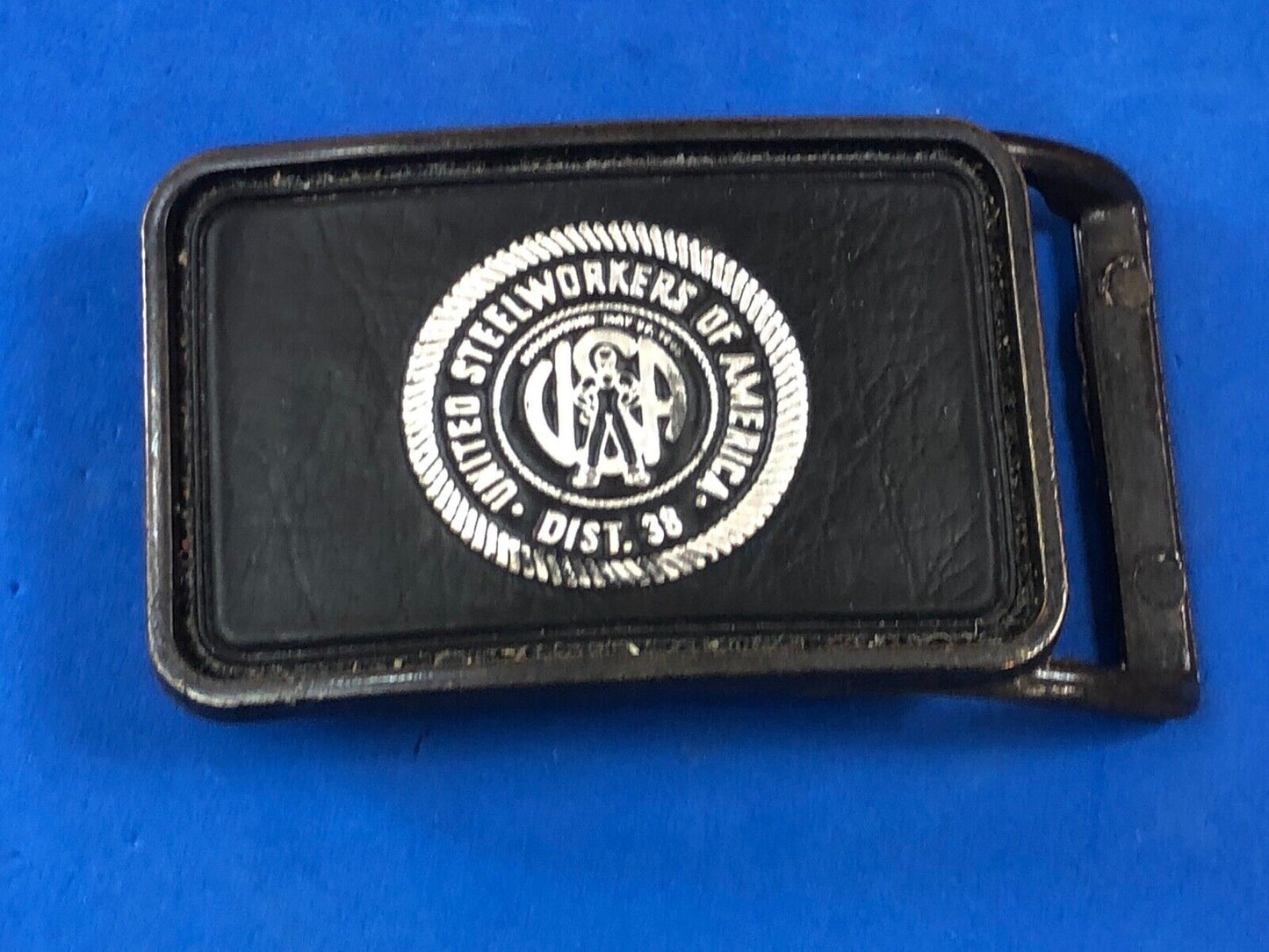 Vintage Leather backed Belt Buckle United Steelworkes of America Dist 38
