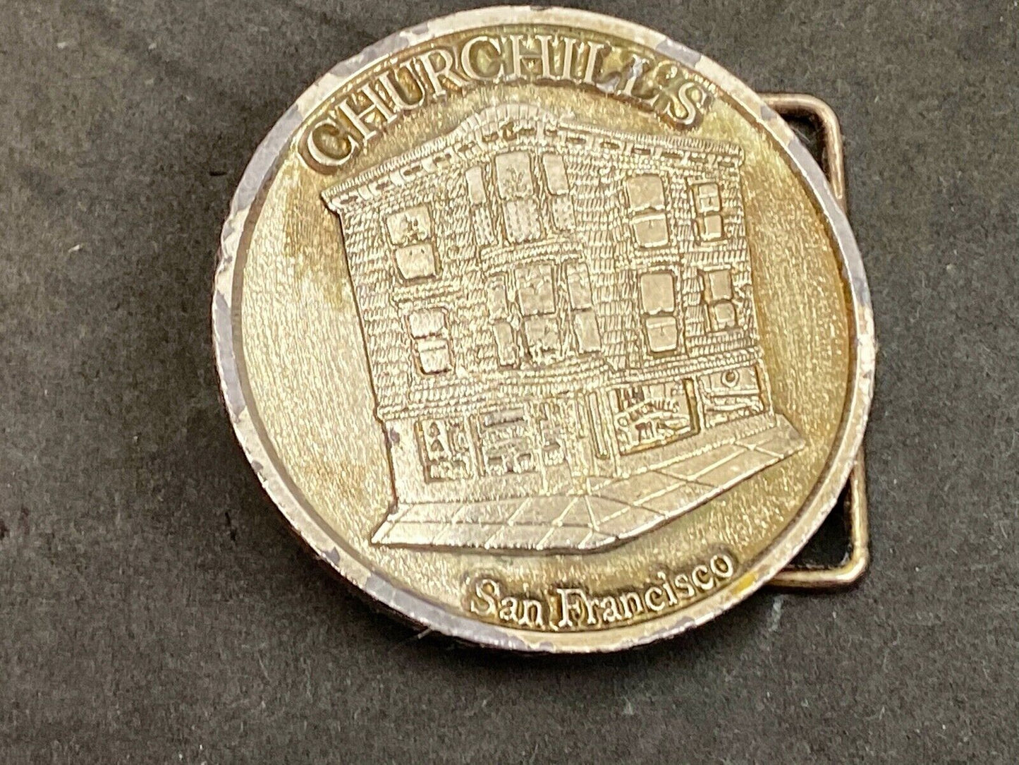 Vintage Churchill's San Francisco belt buckle by American pewter works the bar?