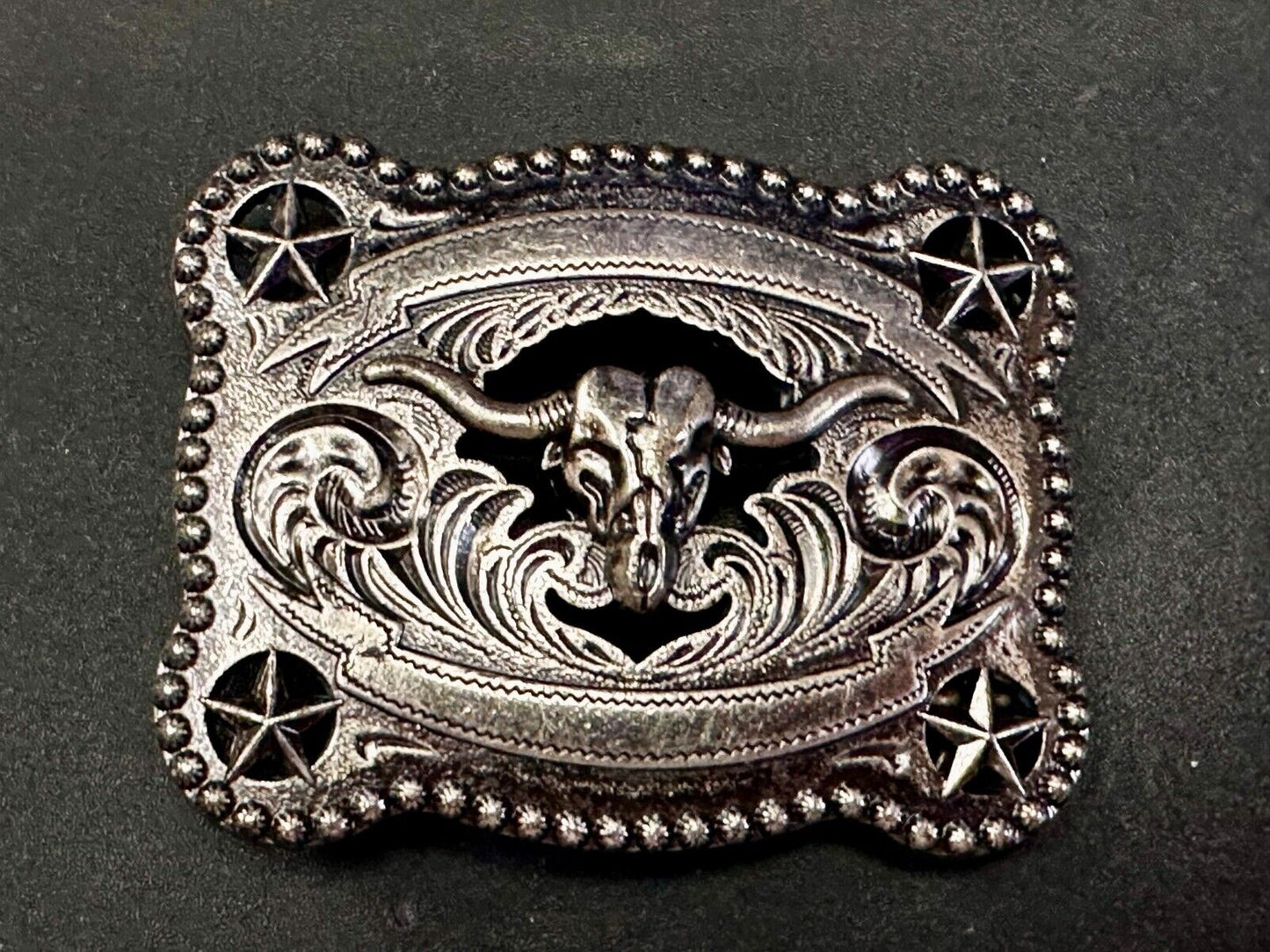 Texas Longhorn Steer / Corner Stars - Engravable Blank Award Scroll Belt Buckle