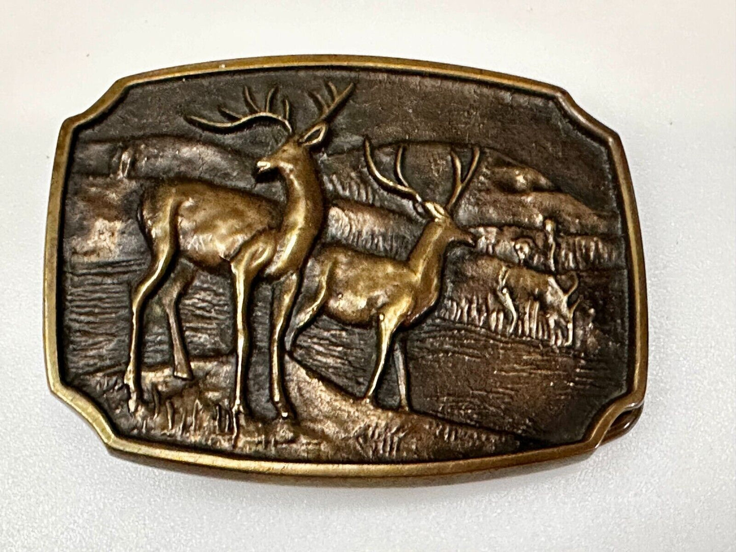 Vintage 1978 BTS Solid Brass Belt Buckle Deer Buck Running Wilderness Made USA