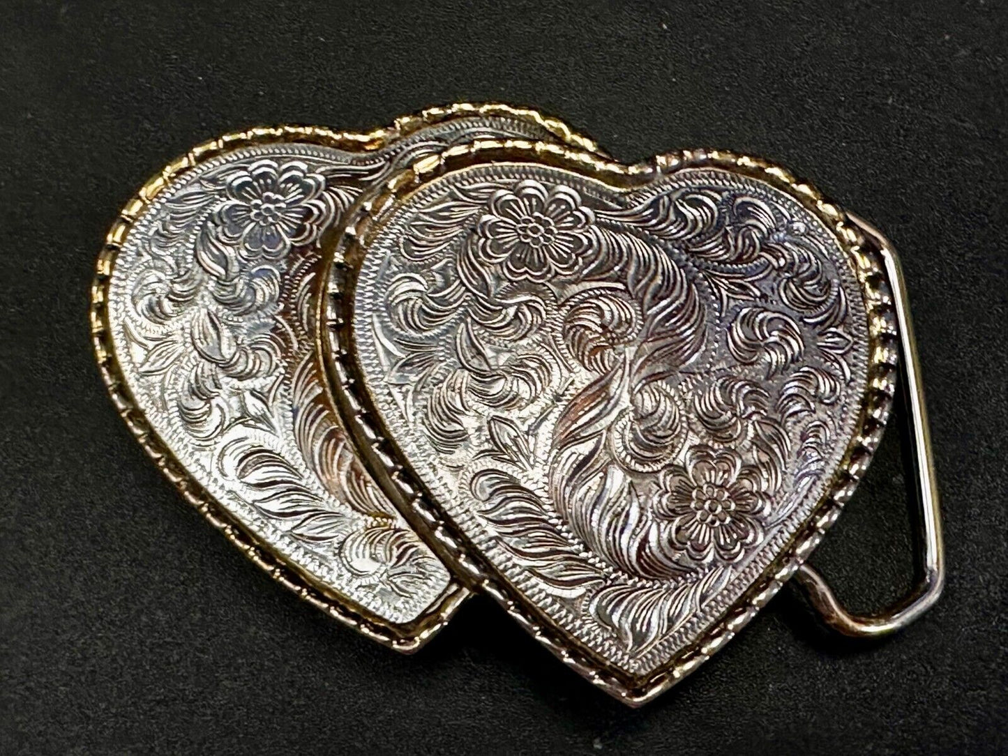 Twin Dual Hearts Flower Swirl Floral Theme Etched Western Belt Buckle W USA