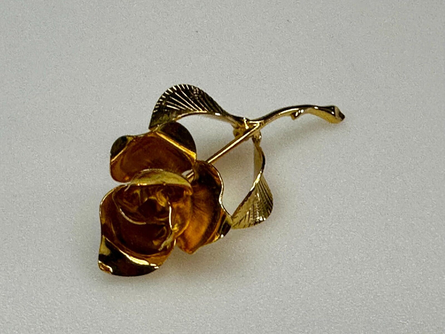Beautiful Long Stem Rose Flower Gold Tone Vintage Brooch Pin Signed by Cerrito