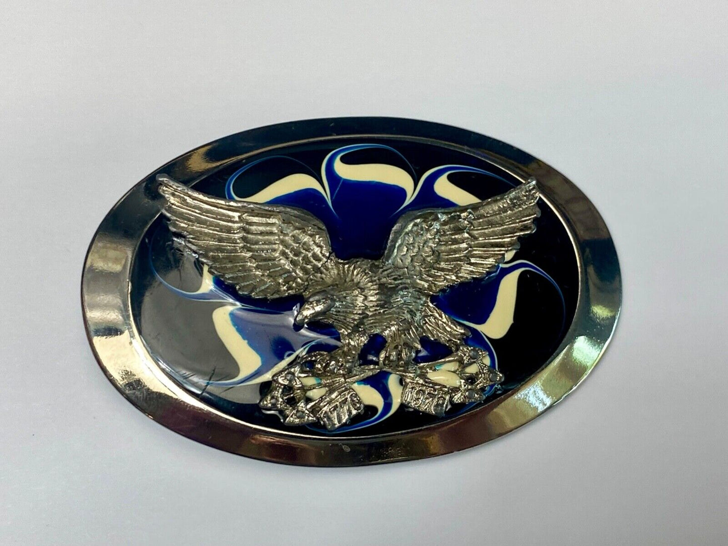 Vintage Eagle w/ arrows in claws western oval blue & cream enameled belt buckle