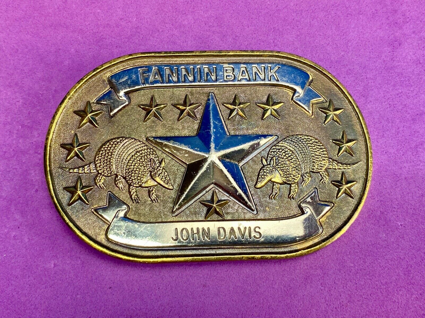 Texas Fannin Bankn The Lone Star State And Armadillo Promo Belt Buckle By Sac