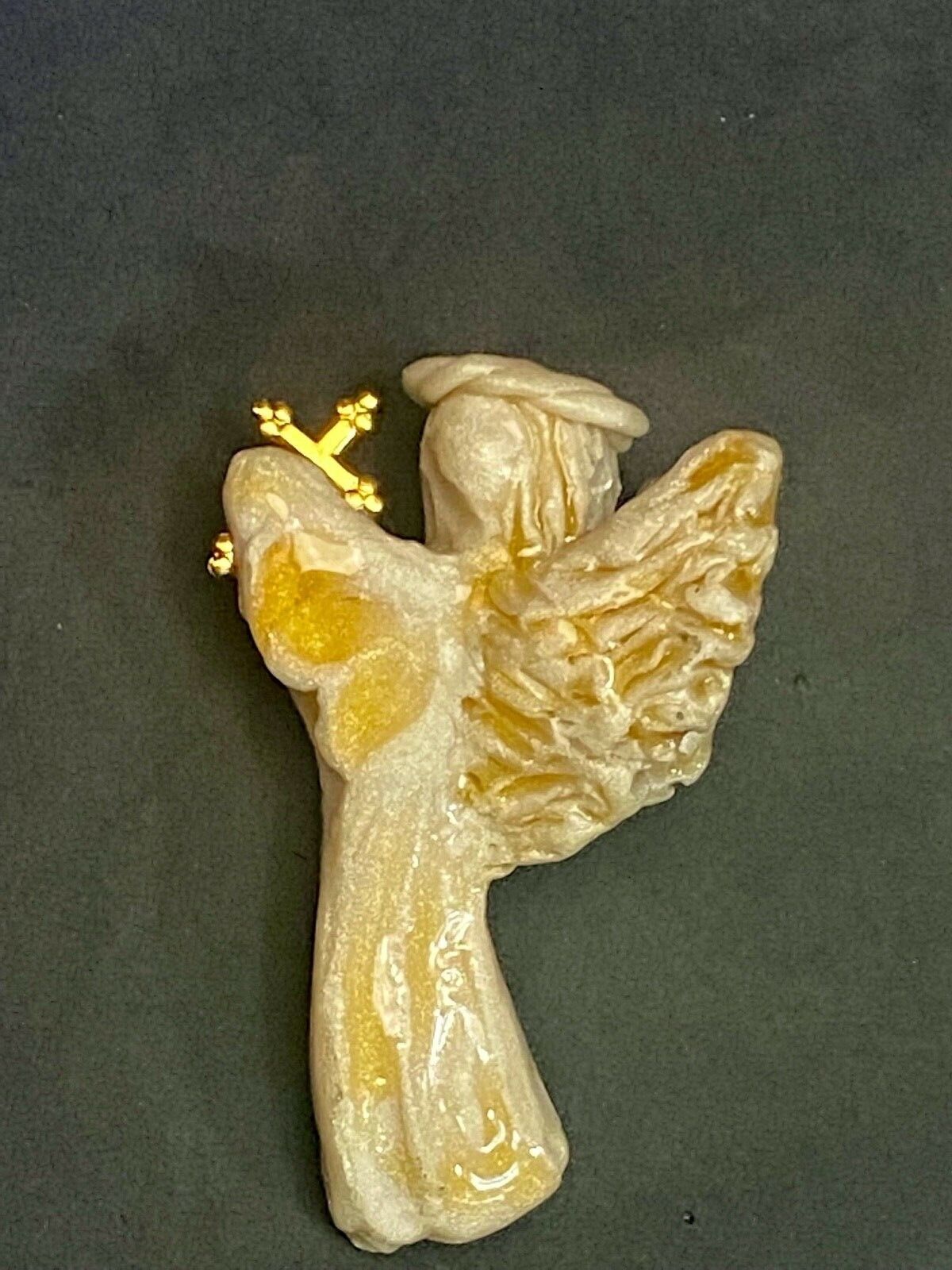 Vintage Artisan Angel & Cross Brooch Pin Hand Carved Gold Tone Crucifix Signed