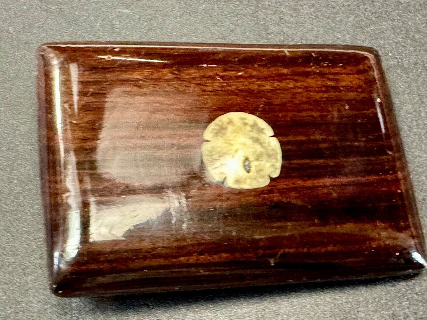 Artisan wood belt buckle with small inlaid sand dollar sea shell