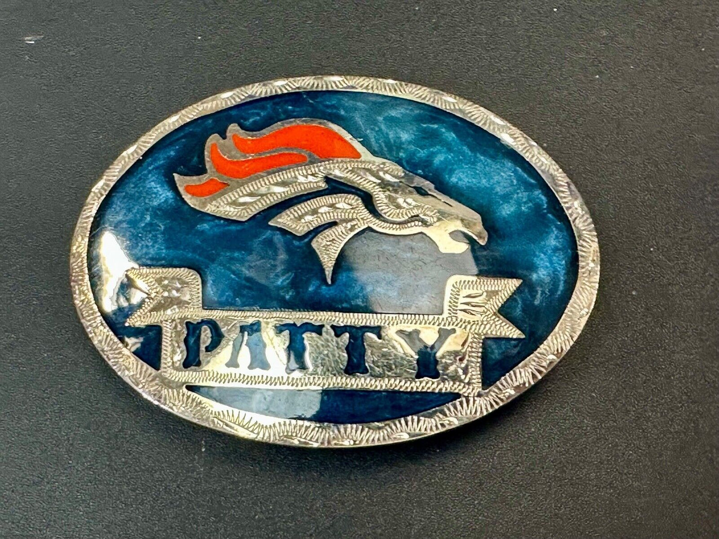 Artisan Custom Name PATTY ribbon - enamel inlaid Mustang race horse belt buckle