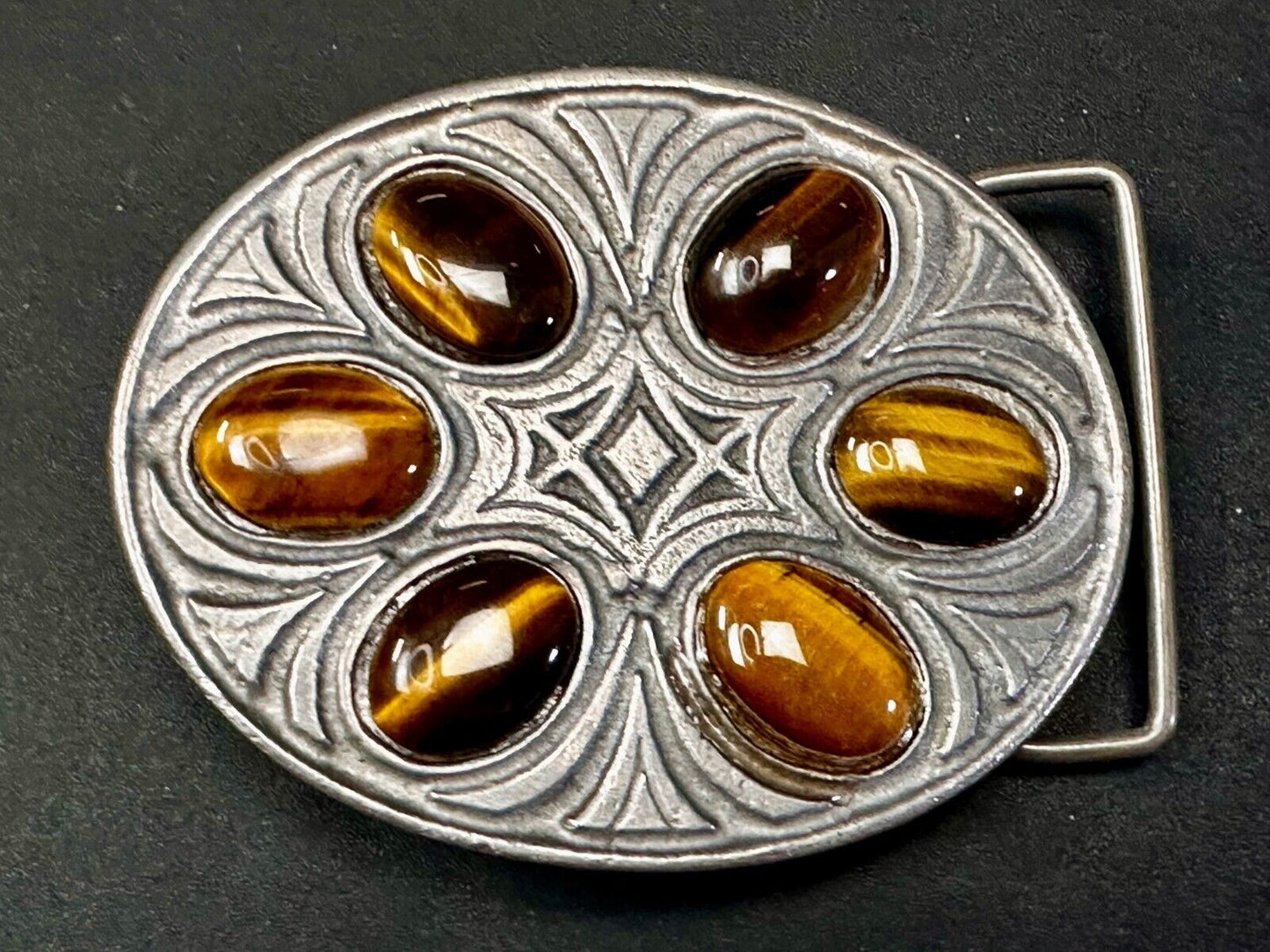 Tigers Eye Gemstones Cabs Native Indian Style? Vintage Pewter Oval Belt Buckle