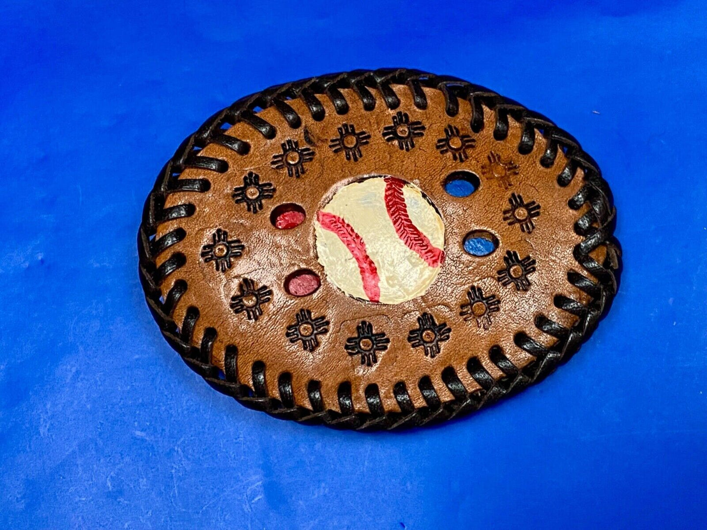Vintage Baseball Brown Leather Hand Stitched Oval Belt Buckle - Ultimate Fan