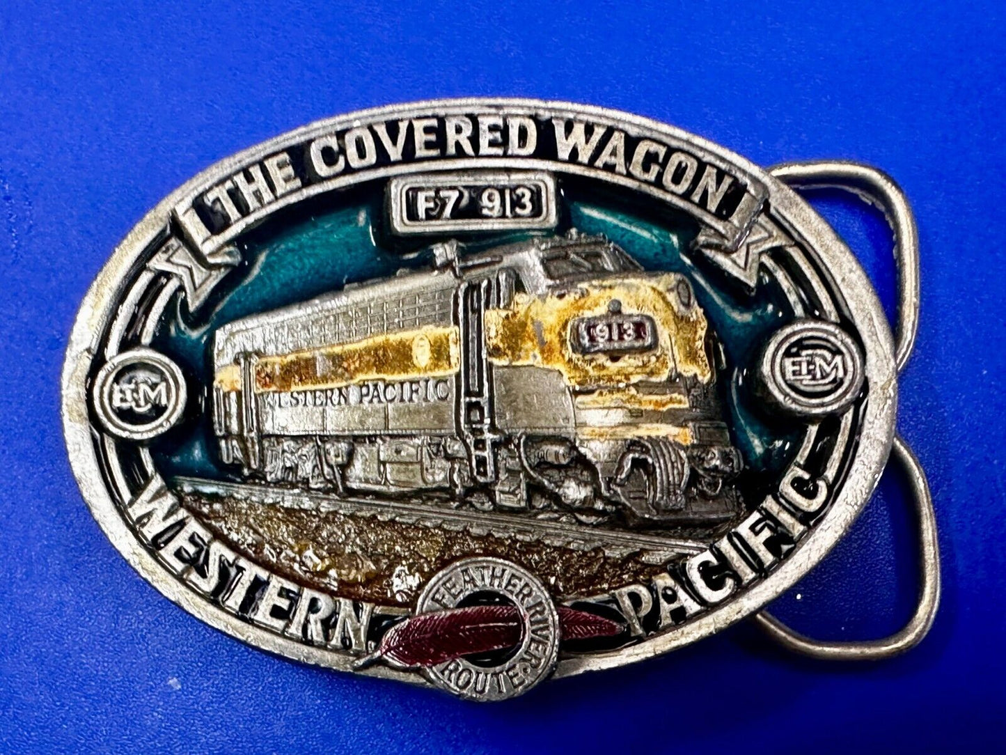 The Covered Wagon Western Pacific Train RR F7 913 EMD VTG 1986 Belt Buckle by CJ