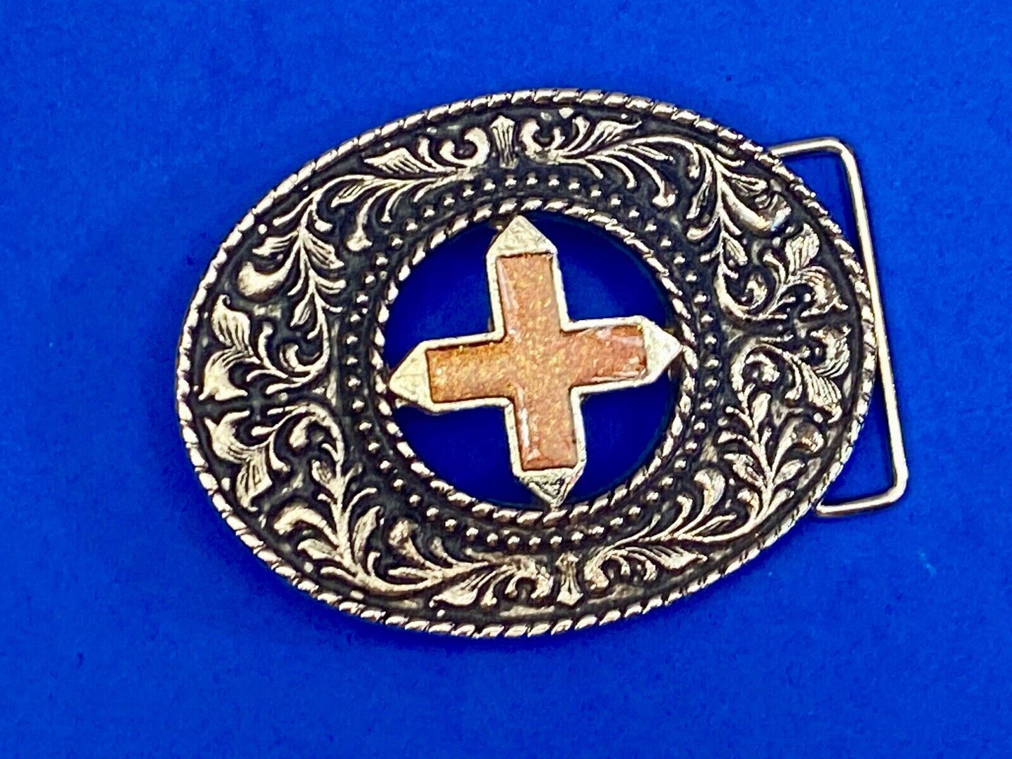 Beautiful See Through Cross Centered In Western Flower Swirl Metal Belt Buckle
