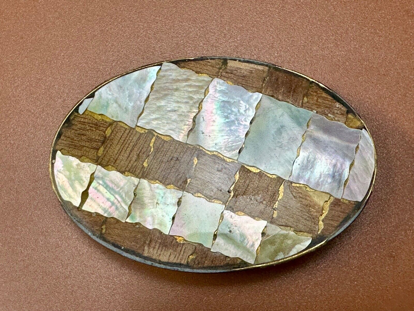 Abalone Shell and wood squares in Vintage oval belt buckle - See Hallmark!