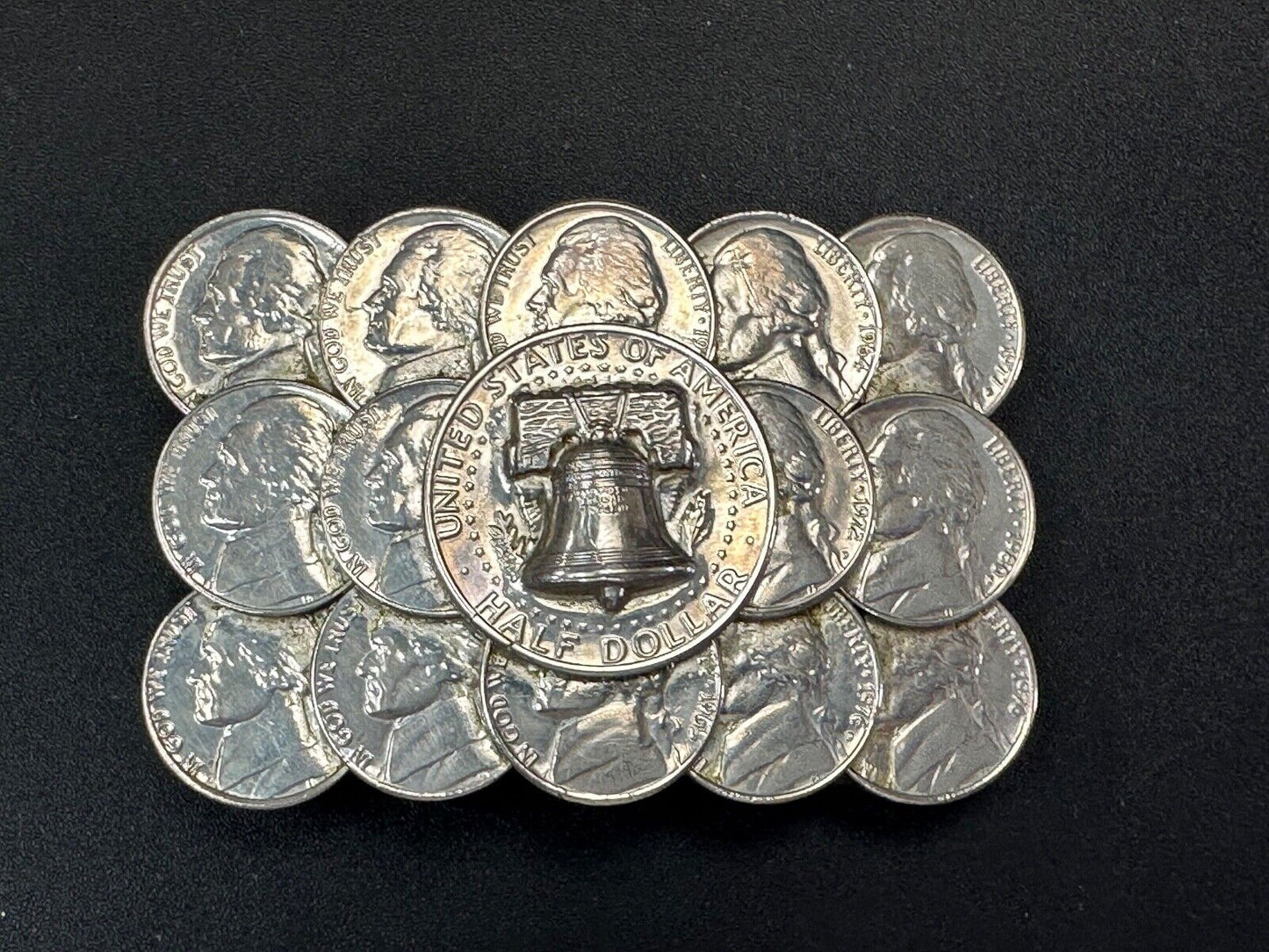 Artist Made Coin Cluster Liberty bell half dollar Nickels belt buckle