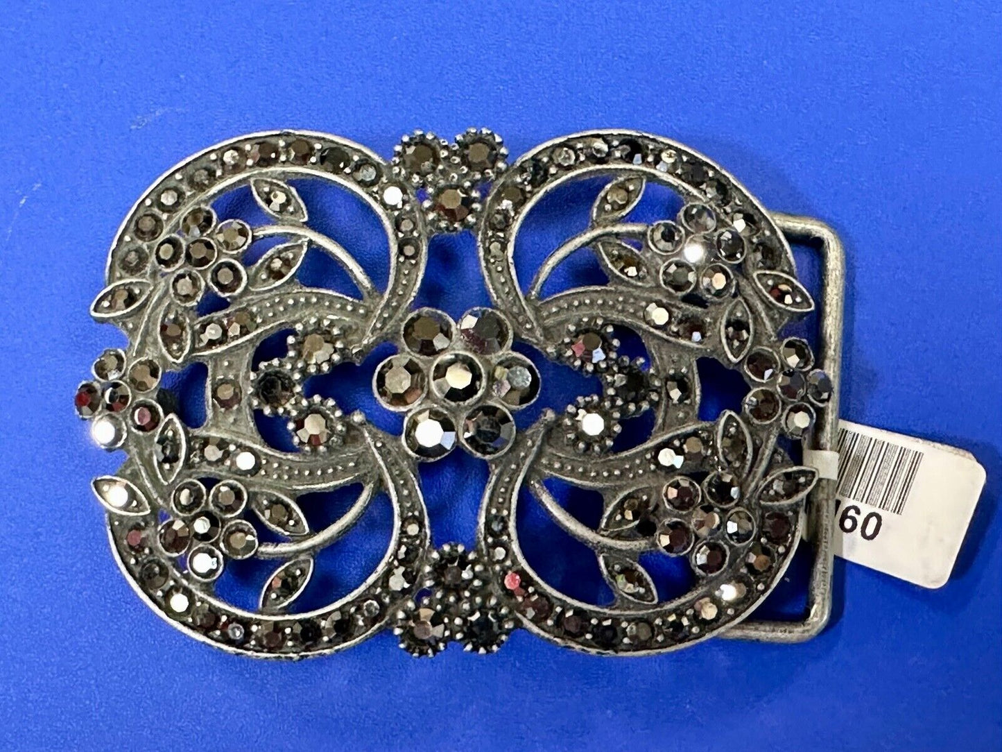 Black rhinestone accented metal flower pattern NOS Funky Junque belt buckle